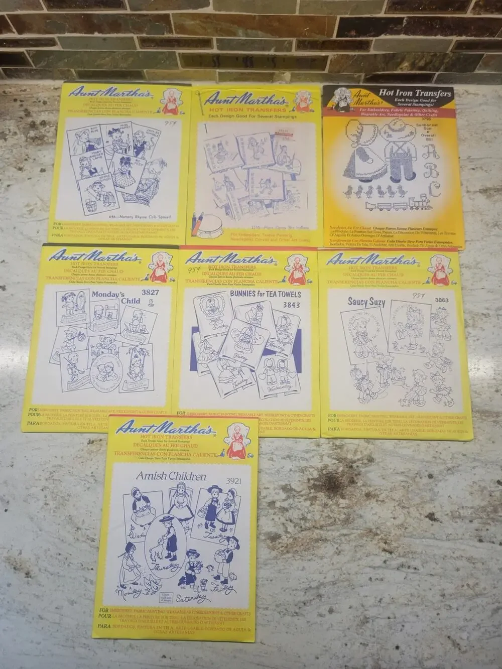 Lot of 7 Vintage Aunt Martha's Hot Iron Transfers Children Amish Nursery Designs